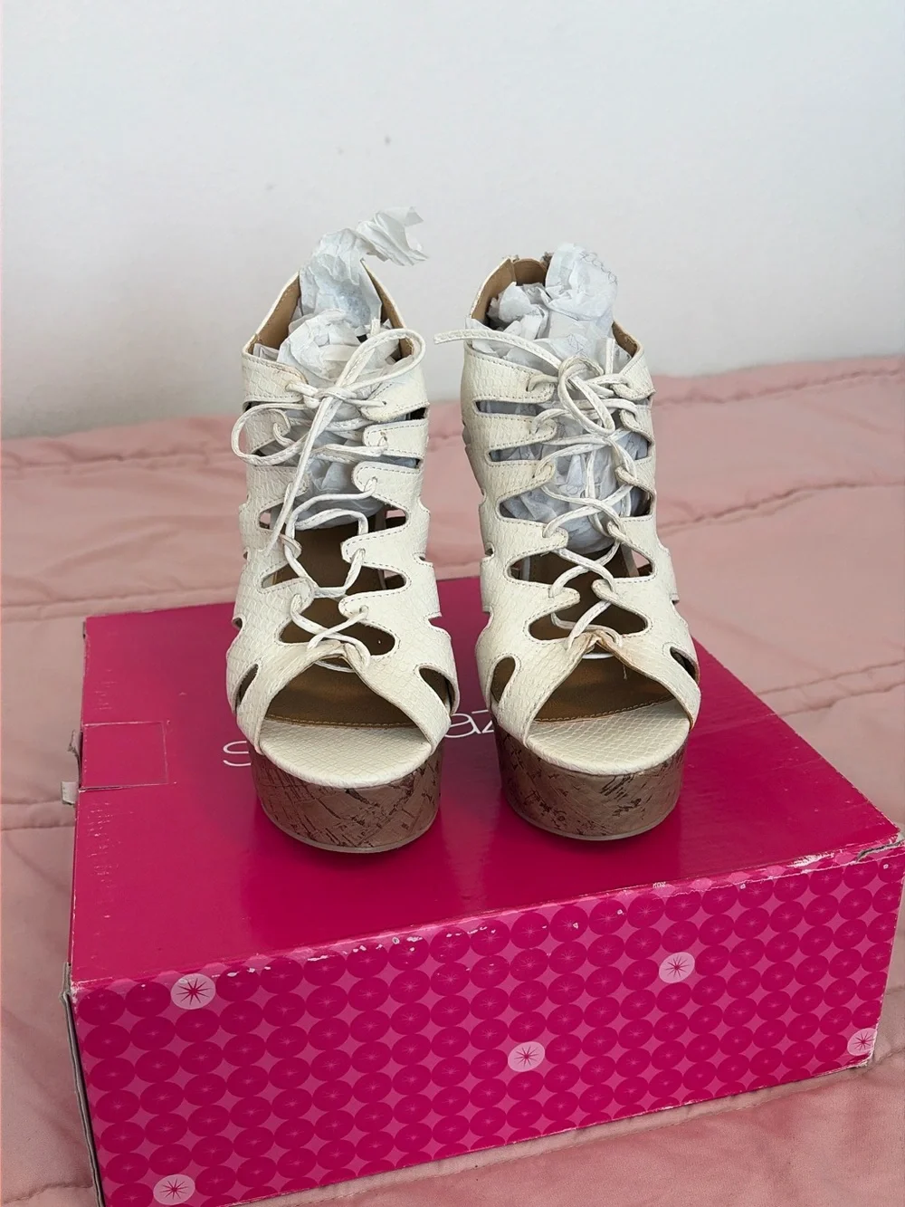 Shoe Dazzle White Lace-Up Cork Platform Wedges